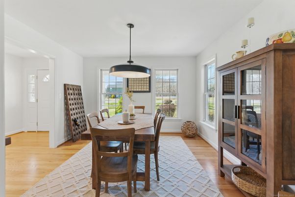 Dining room, Interior, Pendant Lights, Wood Texture Flooring