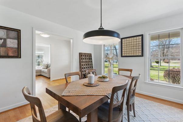 Dining room, Interior, Pendant Lights, Wood Texture Flooring