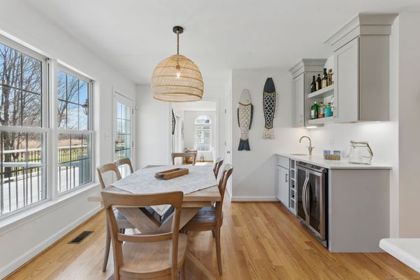Dining room, Interior, Pendant Lights, Wood Texture Flooring
