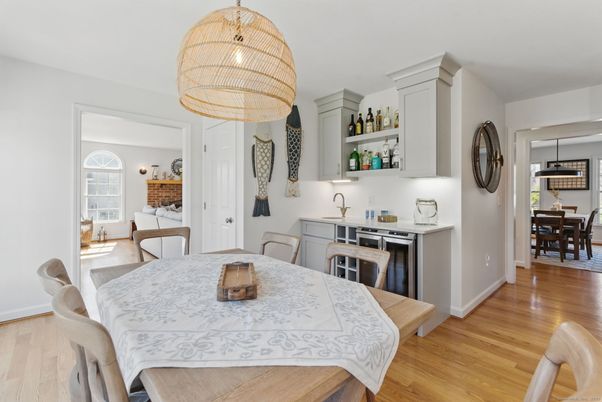 Dining room, Interior, Pendant Lights, Wood Texture Flooring