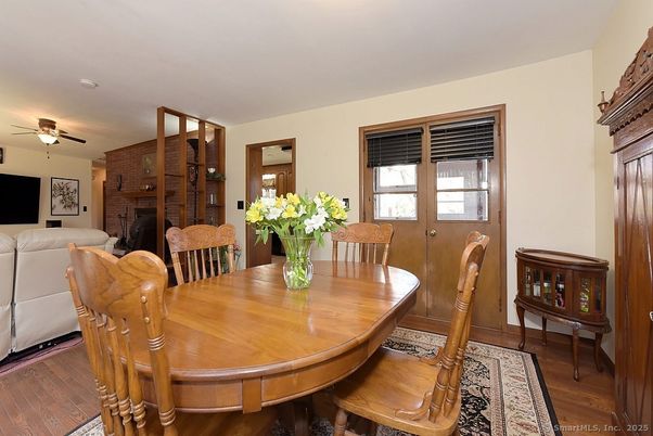 Dining room, Fireplace, Interior, Living room, Stone Walls, Wood Texture Flooring
