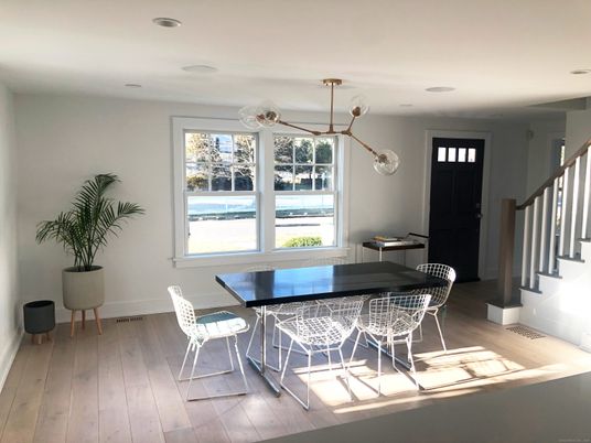 Dining room, Interior, Pendant Lights, Recessed Lighting, Wood Texture Flooring