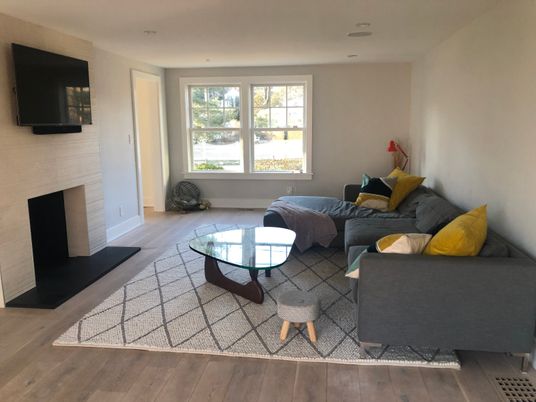 Fireplace, Interior, Living room, Recessed Lighting, Wood Texture Flooring