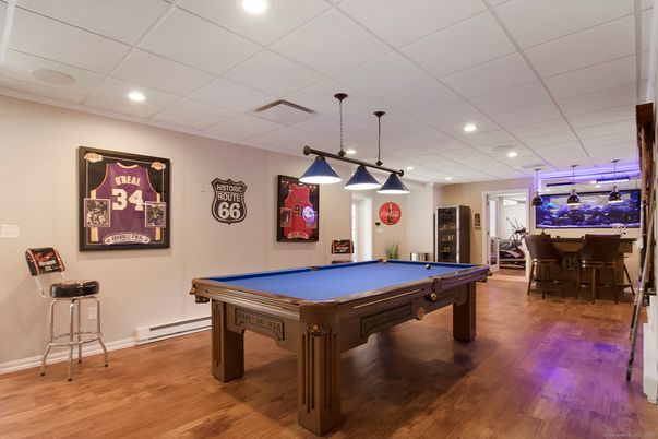 Billiard Table, Game Room, Interior, Pendant Lights, Recessed Lighting, Wood Texture Flooring