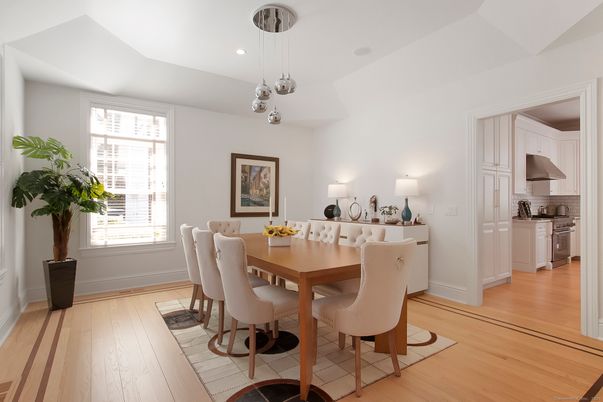Dining room, Interior, Kitchen, Pendant Lights, Recessed Lighting, Stainless Steel Appliances, Wood Texture Flooring