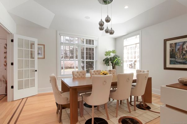 Dining room, Interior, Pendant Lights, Recessed Lighting, Wood Texture Flooring