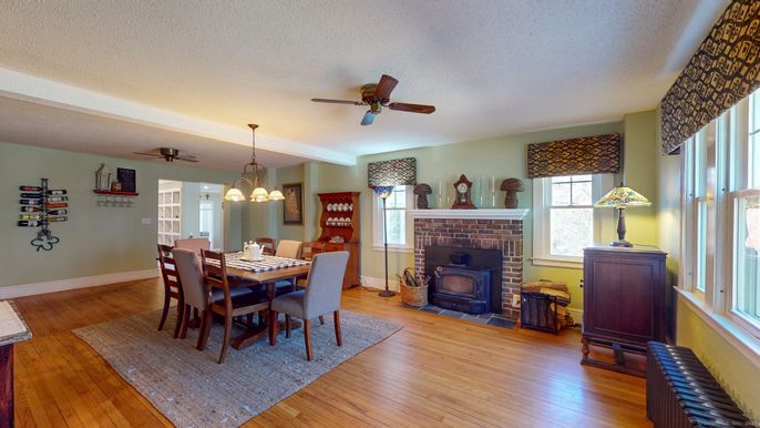 Dining room, Fireplace, Interior, Pendant Lights, Wood Texture Flooring