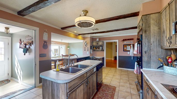 Dining room, Interior, Kitchen, Recessed Lighting, Wooden Beams