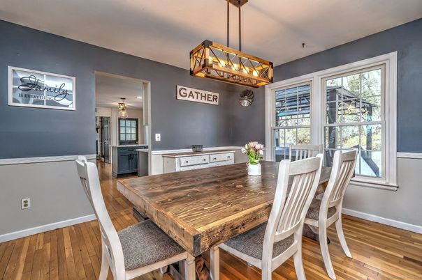 Dining room, Interior, Pendant Lights, Wood Texture Flooring