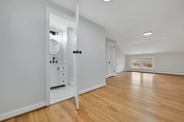 Bathroom, Empty room, Interior, Marble, Recessed Lighting, Wood Texture Flooring