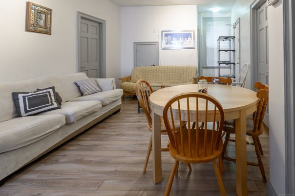 Dining room, Interior, Living room, Recessed Lighting, Wood Texture Flooring