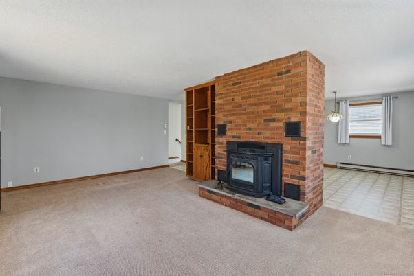 Empty room, Fireplace, Interior, Pendant Lights, Stone Walls