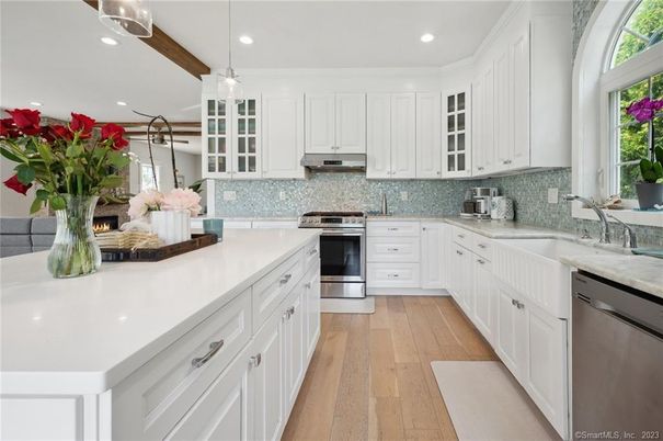 Interior, Kitchen, Pendant Lights, Recessed Lighting, Stainless Steel Appliances, Wooden Beams, Wood Texture Flooring