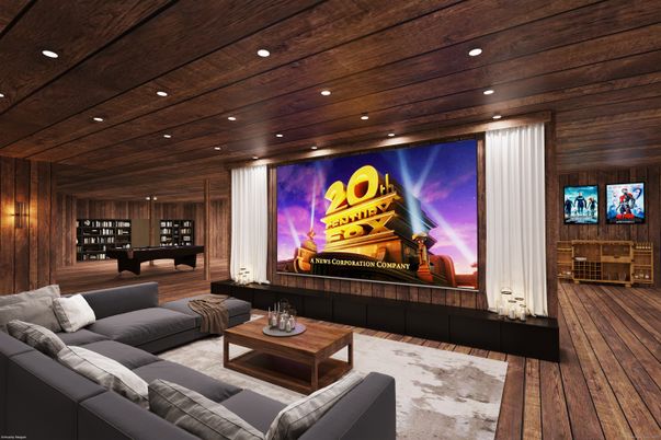 Interior, Living room, Pendant Lights, Recessed Lighting, Wooden Ceilings, Wood Texture Flooring, Wooden Walls