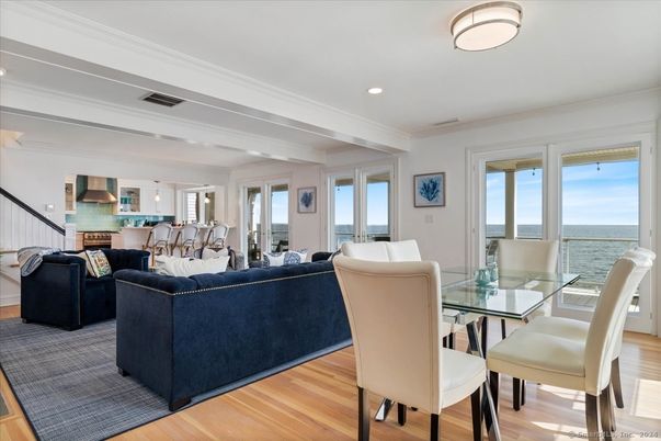 Dining room, Interior, Kitchen, Living room, Pendant Lights, Recessed Lighting, Water, Wood Texture Flooring