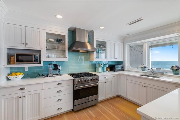Interior, Kitchen, Recessed Lighting, Stainless Steel Appliances, Water, Wood Texture Flooring