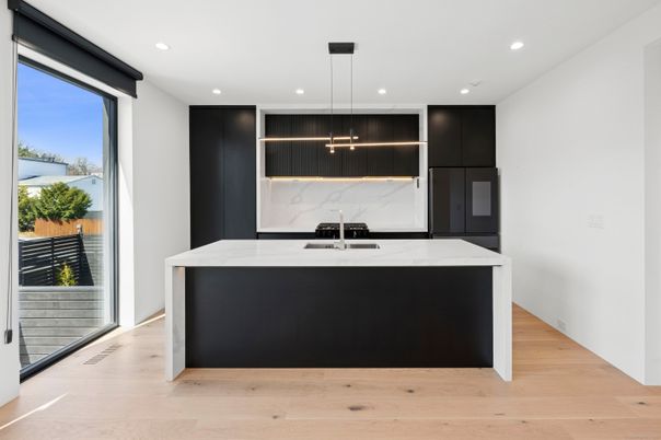 Interior, Kitchen, Marble Walls, Pendant Lights, Recessed Lighting, Wood Texture Flooring