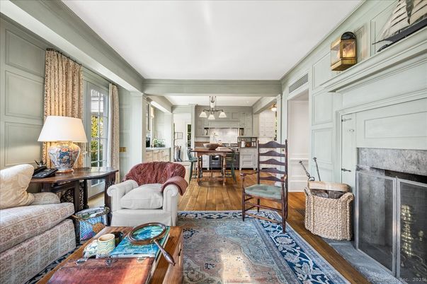 Dining room, Fireplace, Interior, Kitchen, Living room, Pendant Lights, Wood Texture Flooring