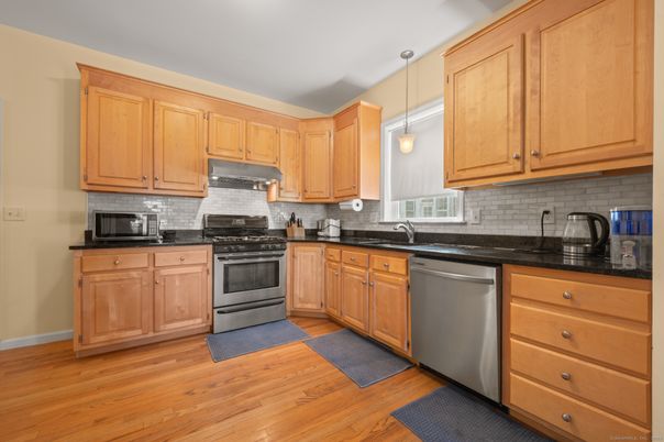Interior, Kitchen, Pendant Lights, Stainless Steel Appliances, Wood Texture Flooring