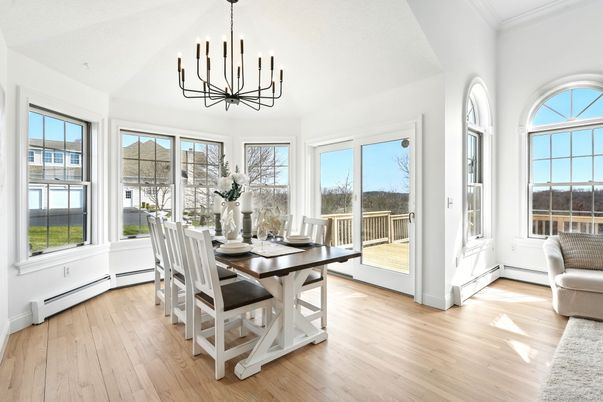 Dining room, Interior, Pendant Lights, Wood Texture Flooring