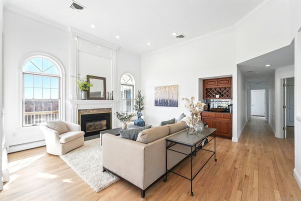 Fireplace, Interior, Living room, Recessed Lighting, Wood Texture Flooring