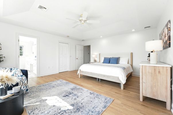Bedroom, Interior, Recessed Lighting, Wood Texture Flooring