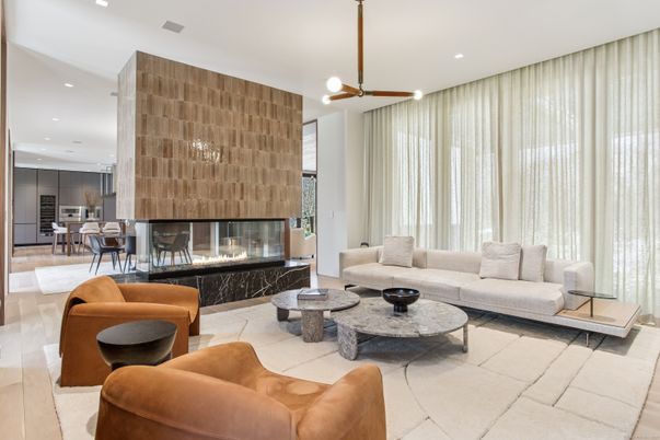 Dining room, Fireplace, Interior, Living room, Pendant Lights, Recessed Lighting