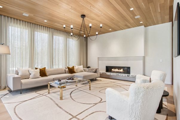 Fireplace, Interior, Living room, Pendant Lights, Recessed Lighting, Wooden Ceilings, Wood Texture Flooring