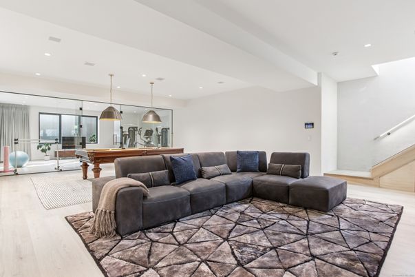 Billiard Table, Game Room, Interior, Living room, Pendant Lights, Recessed Lighting, Wood Texture Flooring