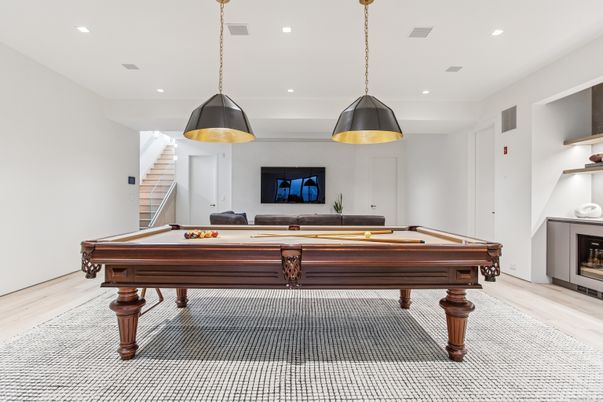 Billiard Table, Fireplace, Game Room, Interior, Pendant Lights, Recessed Lighting, Wood Texture Flooring