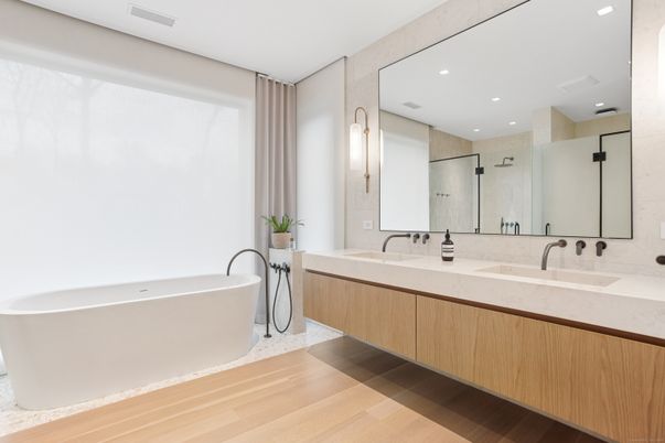 Bathroom, Dual Sink Vanities, Free Standing Baths, Interior, Recessed Lighting, Wood Texture Flooring