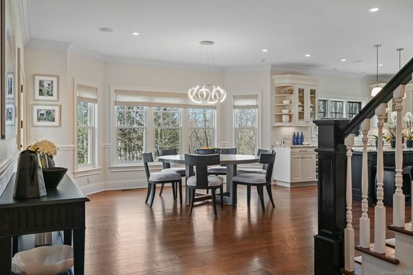 Dining room, Interior, Pendant Lights, Recessed Lighting, Wood Texture Flooring