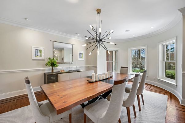 Dining room, Interior, Pendant Lights, Recessed Lighting, Wood Texture Flooring