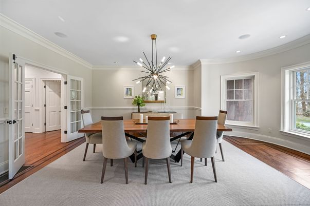 Dining room, Interior, Pendant Lights, Recessed Lighting, Wood Texture Flooring