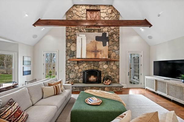 Fireplace, Interior, Living room, Recessed Lighting, Stone Walls, Wooden Beams, Wood Texture Flooring