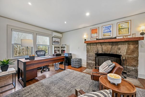 Fireplace, Home Office, Interior, Recessed Lighting, Wood Texture Flooring