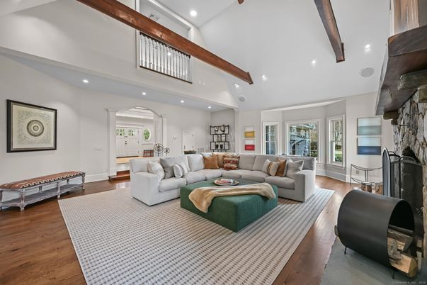 Fireplace, Interior, Living room, Recessed Lighting, Wooden Beams, Wood Texture Flooring
