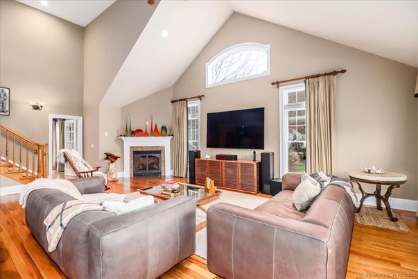 Fireplace, Interior, Living room, Recessed Lighting, Wood Texture Flooring