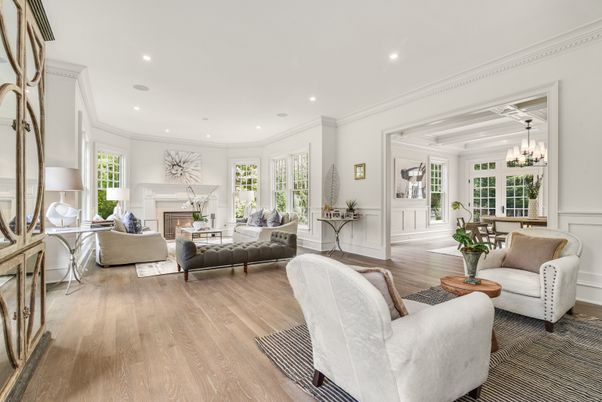 Chandelier, Dining room, Fireplace, Interior, Living room, Recessed Lighting, Wood Texture Flooring