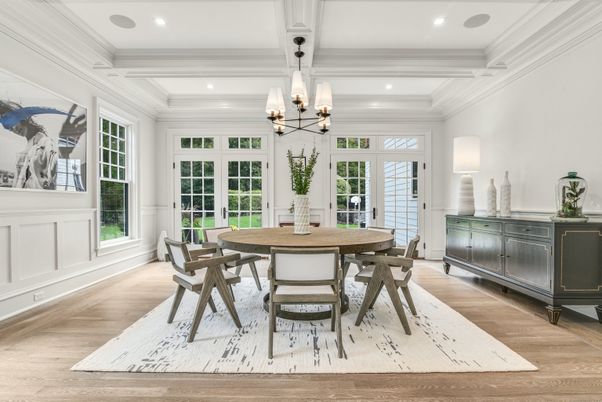 Dining room, Interior, Recessed Lighting, Wood Texture Flooring