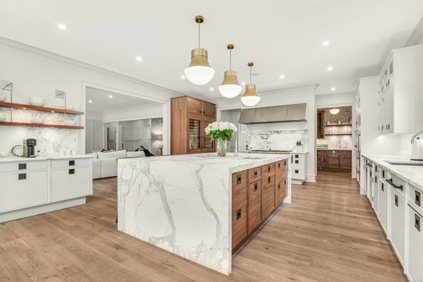 Interior, Kitchen, Marble Walls, Pendant Lights, Recessed Lighting, Wood Texture Flooring