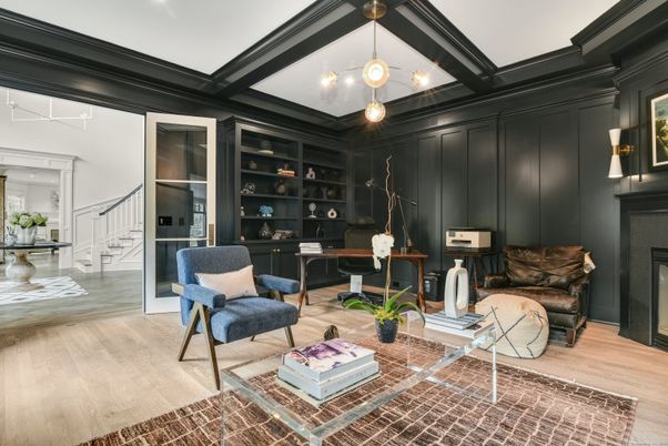 Fireplace, Home Office, Interior, Pendant Lights, Recessed Lighting, Wood Texture Flooring, Wooden Walls