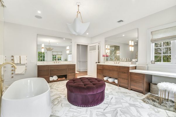 Bathroom, Dual Sink Vanities, Free Standing Baths, Interior, Marble, Recessed Lighting