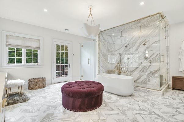 Bathroom, Free Standing Baths, Glass Shower, Interior, Marble, Marble Walls, Recessed Lighting