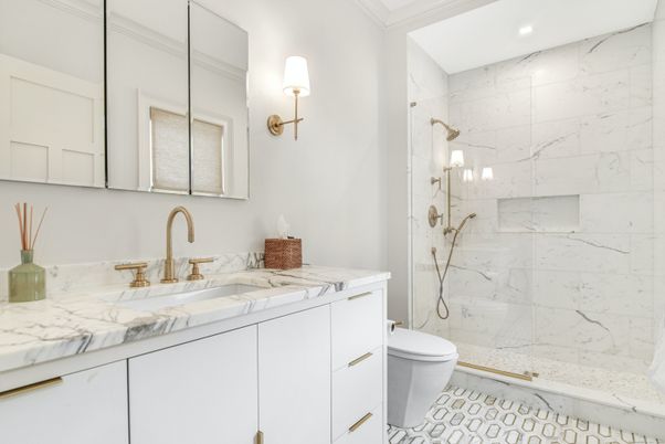 Bathroom, Dual Sink Vanities, Glass Shower, Interior, Marble Walls, Recessed Lighting