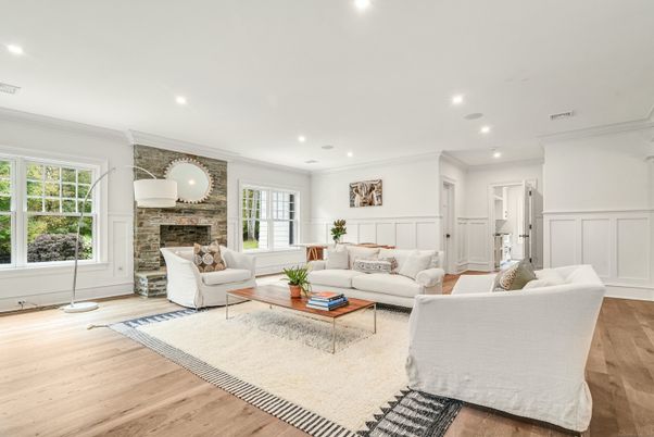 Fireplace, Interior, Living room, Recessed Lighting, Stone Walls, Wood Texture Flooring