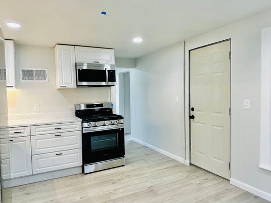 Interior, Kitchen, Recessed Lighting, Stainless Steel Appliances, Wood Texture Flooring