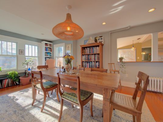 Dining room, Interior, Pendant Lights, Recessed Lighting, Wood Texture Flooring