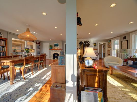 Dining room, Fireplace, Interior, Recessed Lighting, Wood Texture Flooring