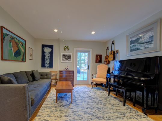 Interior, Living room, Piano, Recessed Lighting, Wood Texture Flooring
